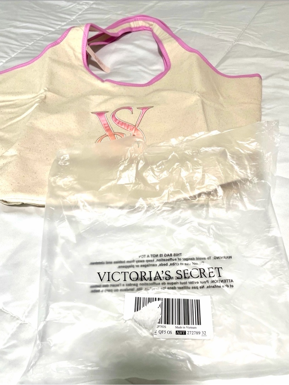 NWT Victoria's Secret Cream Canvas Tote with Pink Trim - Picture 8 of 8